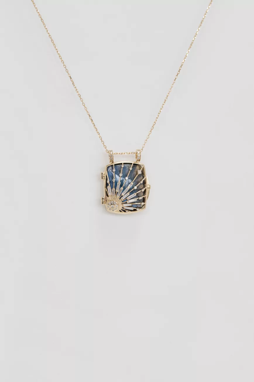 Yellow gold necklace rectangular labradorite locket pendant diamond sun motif Celine Daoust