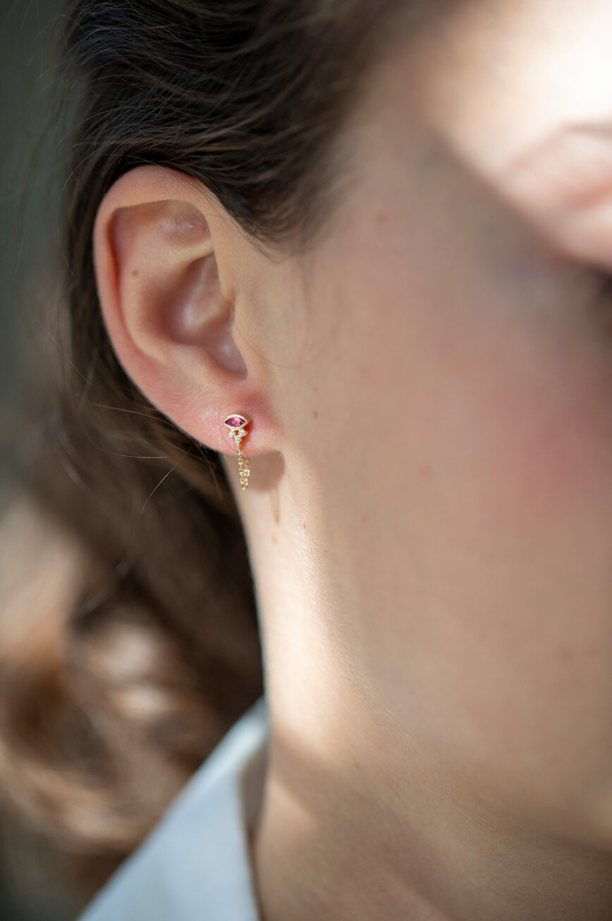 Yellow gold single chain earring marquise ruby stud drop Celine Daoust