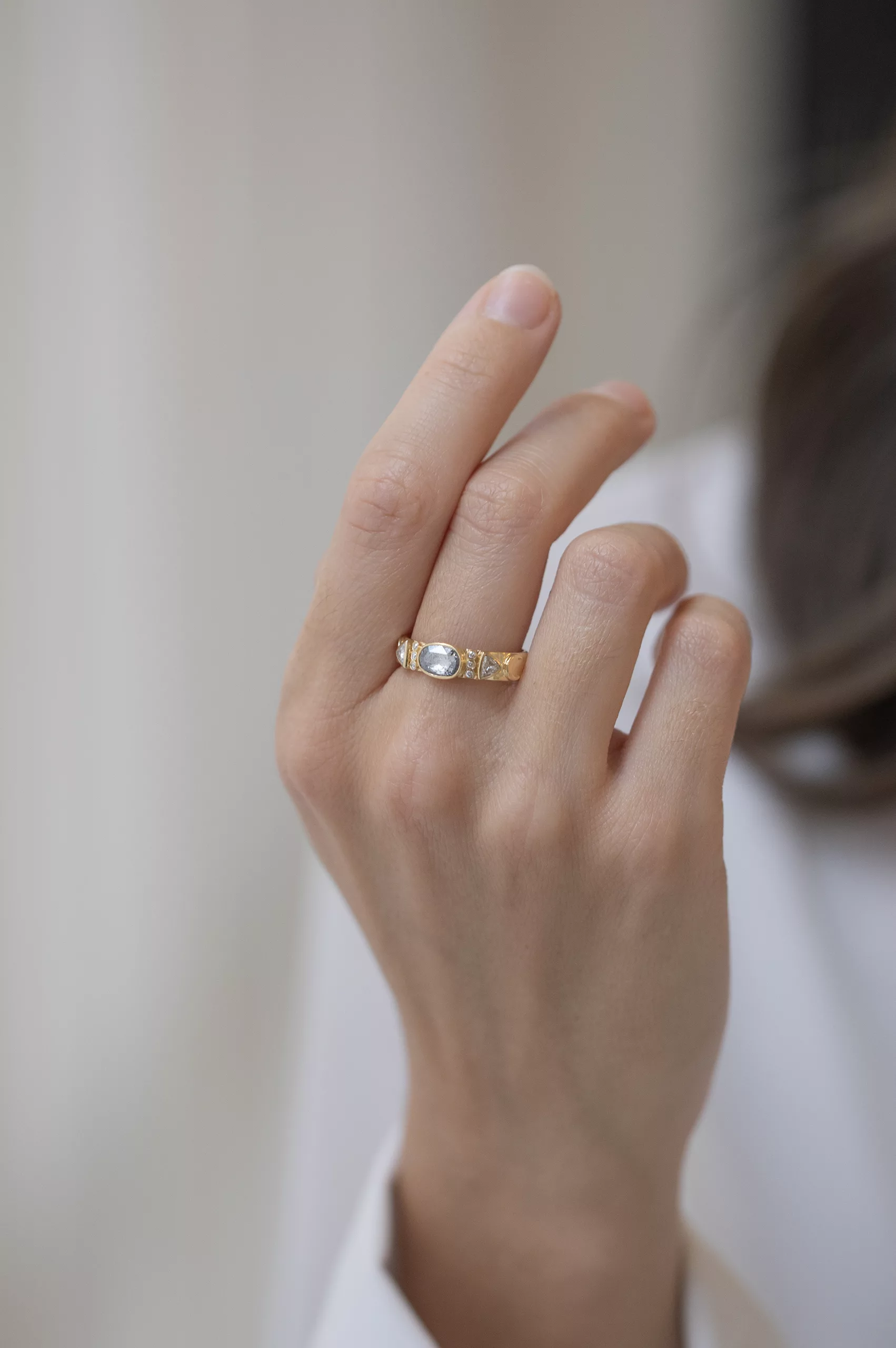 Yellow gold wide band ring oval grey diamond triangle diamond totem accents Celine Daoust