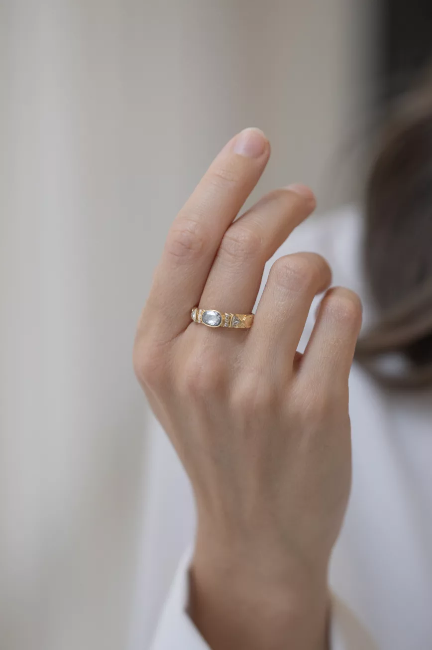 Yellow gold wide band ring oval grey diamond triangle diamond totem accents Celine Daoust