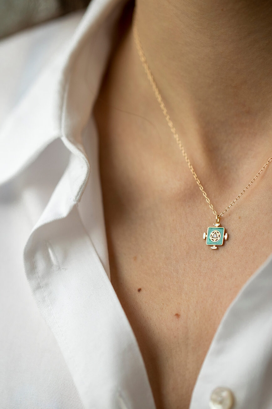 Yellow gold necklace square turquoise enamel pendant trillion diamond center chain Celine Daoust