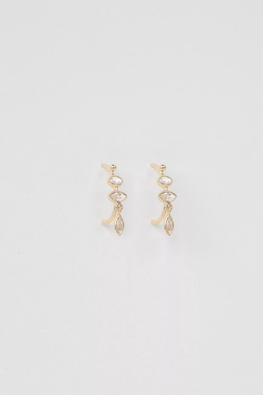 Yellow gold hoop earrings marquise diamond dangling diamond leaf drops pair Celine Daoust