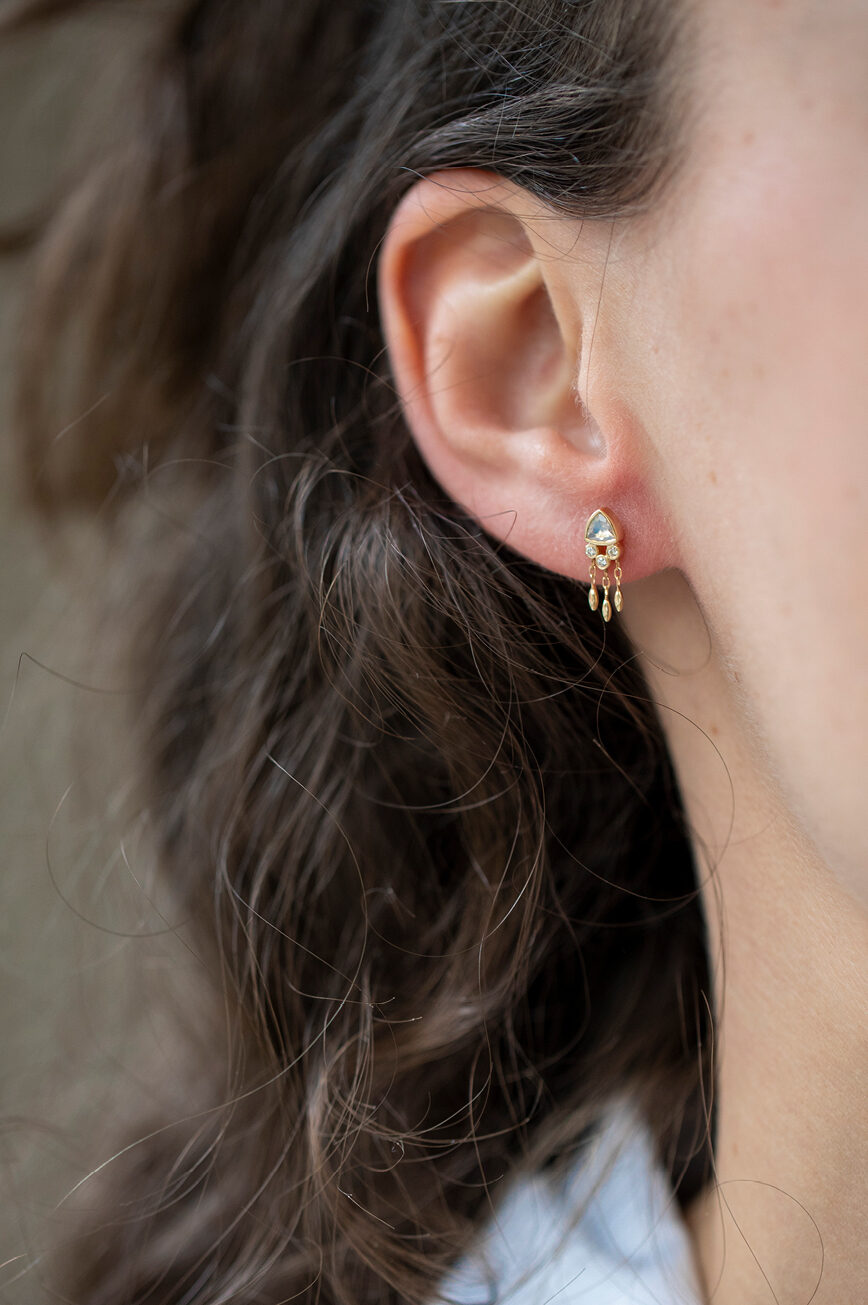 Yellow gold single drop earring trillion moonstone dangling diamond drops Celine Daoust
