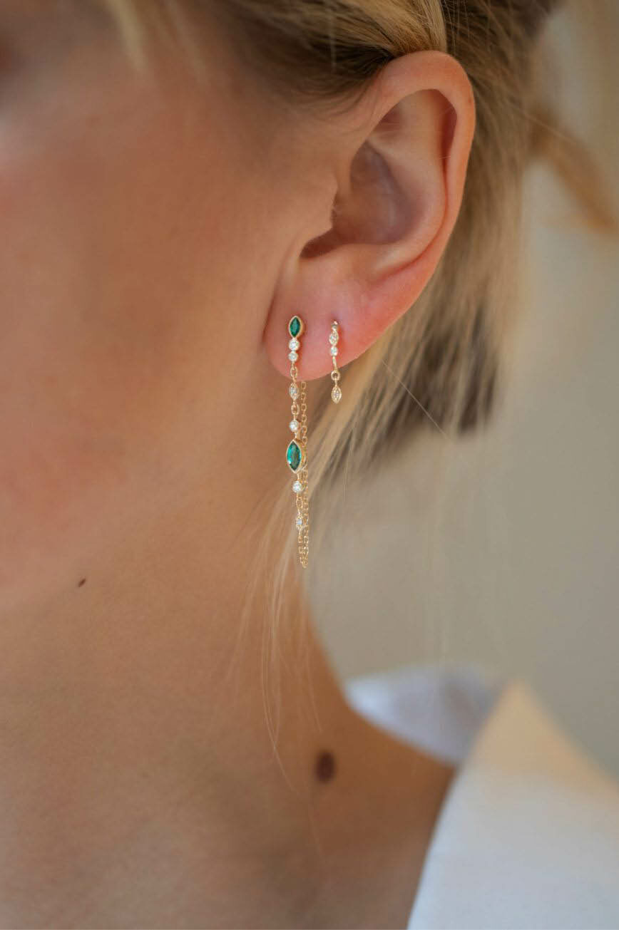 Yellow gold single long chain earring marquise emerald diamond drop Celine Daoust