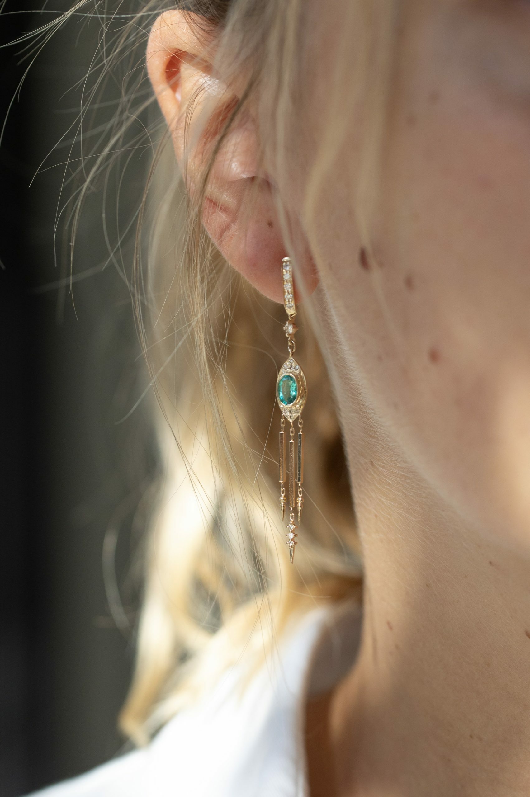 Yellow gold long drop earrings oval emerald totem diamond fringe pair Celine Daoust
