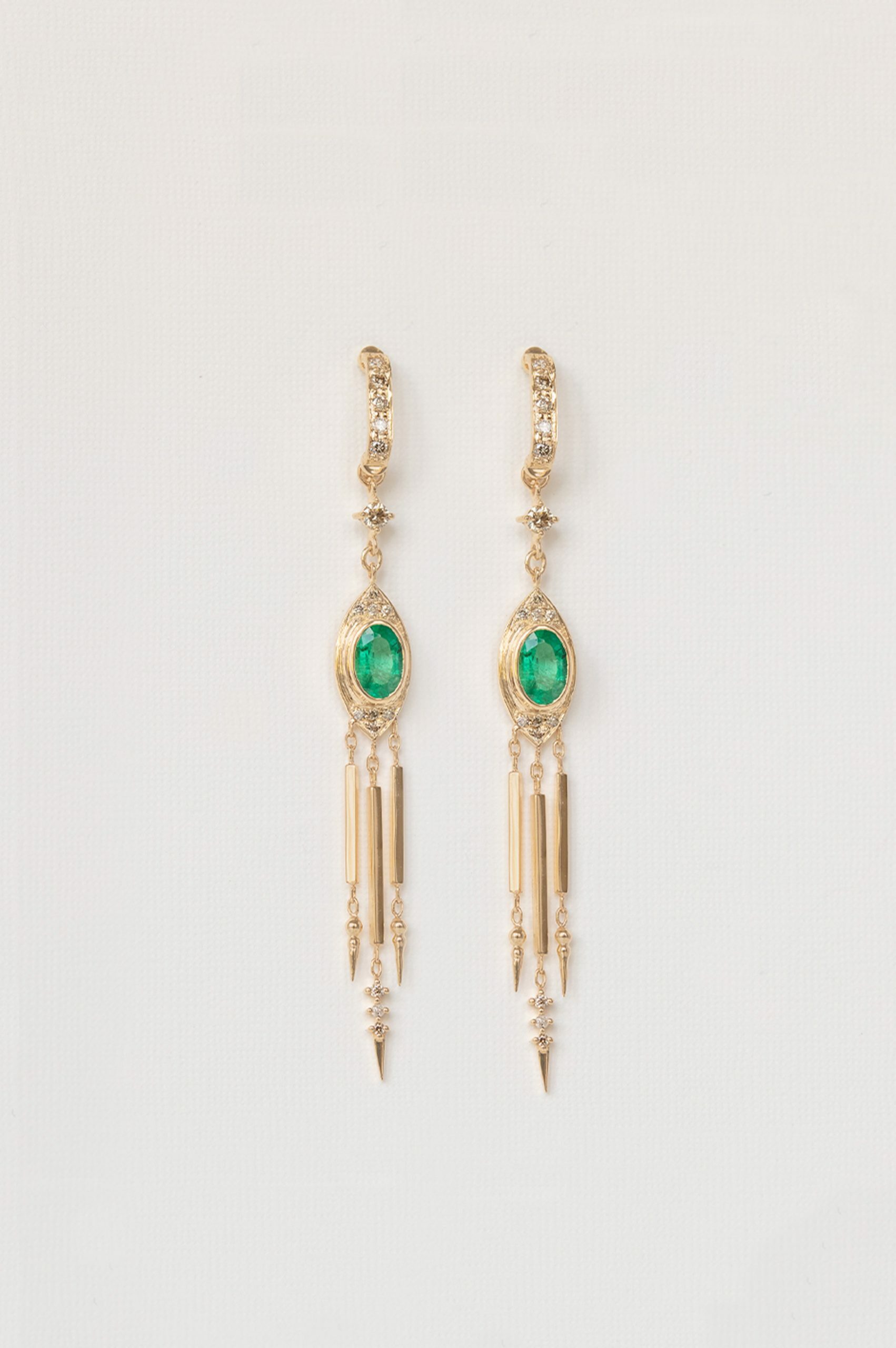Yellow gold long drop earrings oval emerald totem diamond fringe pair Celine Daoust