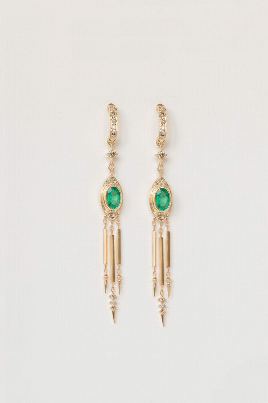 Yellow gold long drop earrings oval emerald totem diamond fringe pair Celine Daoust