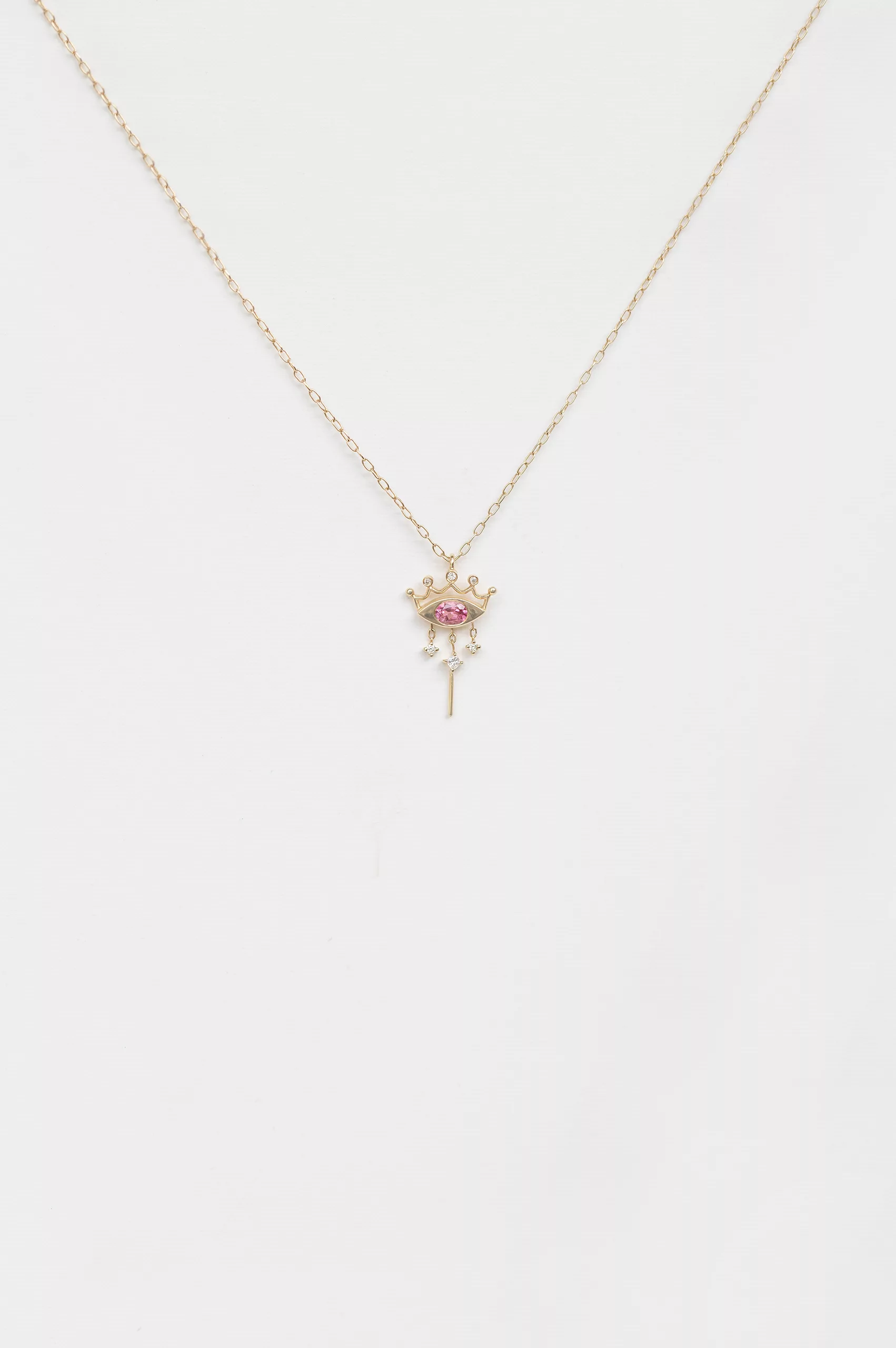 Yellow gold necklace small crown pendant pink spinel diamond accent chain Celine Daoust