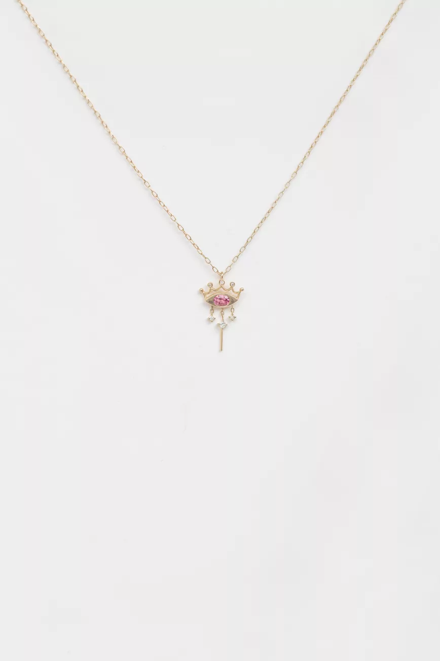 Yellow gold necklace small crown pendant pink spinel diamond accent chain Celine Daoust