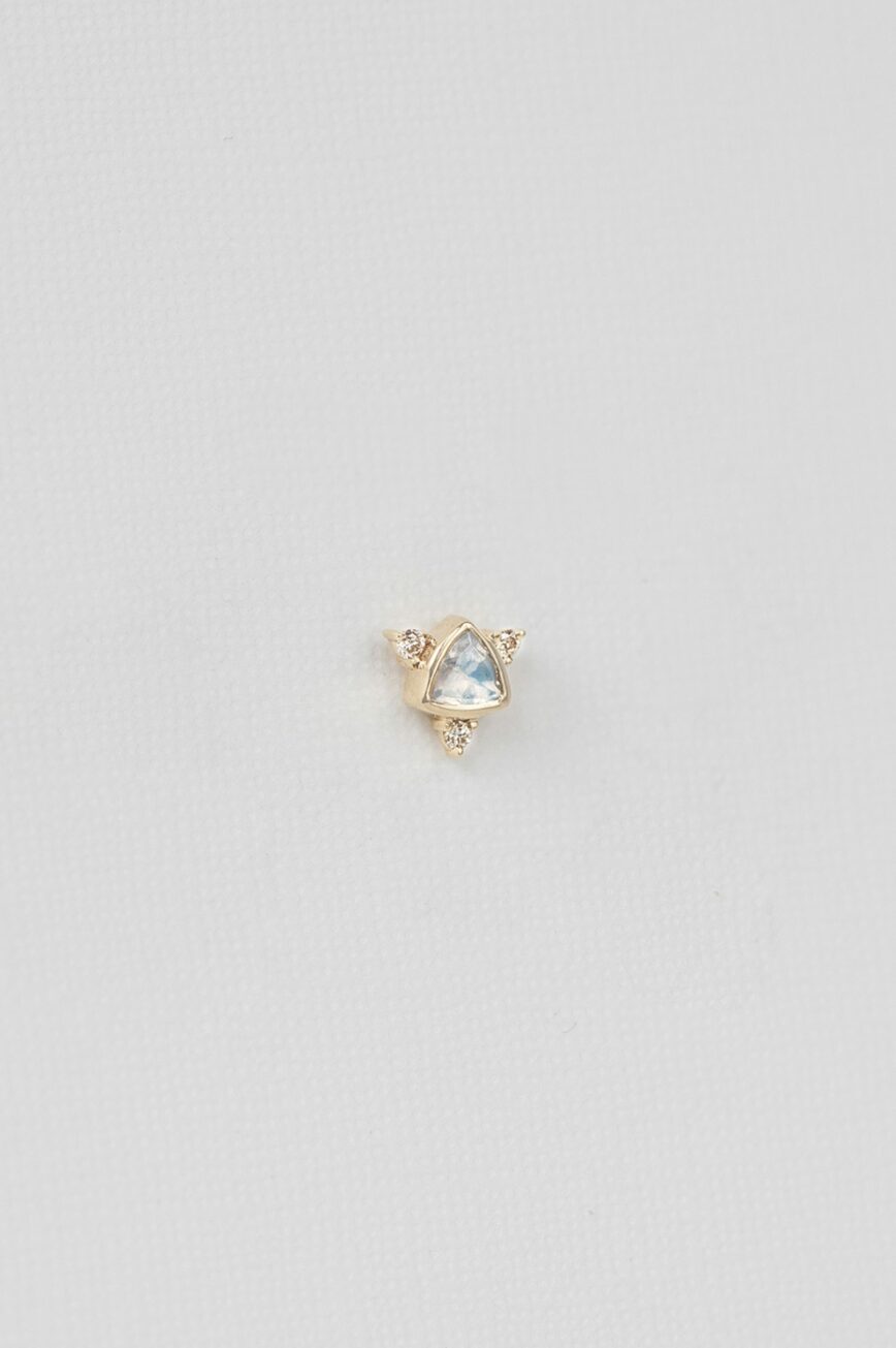 Yellow gold single drop earring triangle moonstone diamond chain drop Celine Daoust