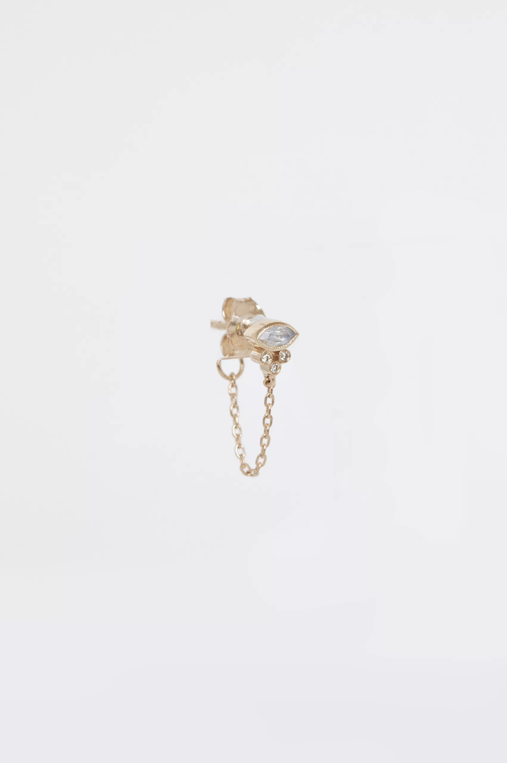 Yellow gold single chain earring marquise moonstone stud pear diamond drop Celine Daoust