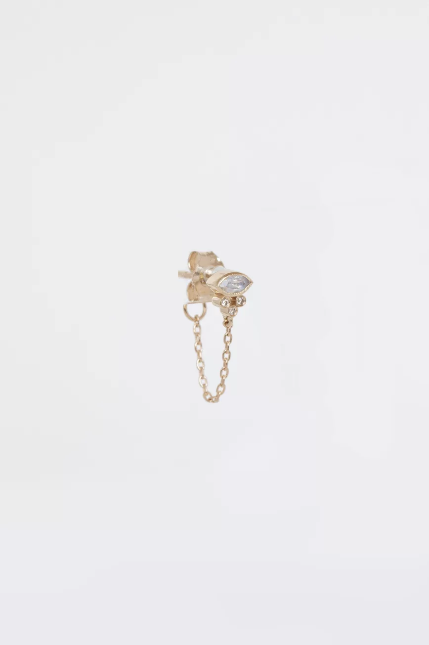 Yellow gold single chain earring marquise moonstone stud pear diamond drop Celine Daoust