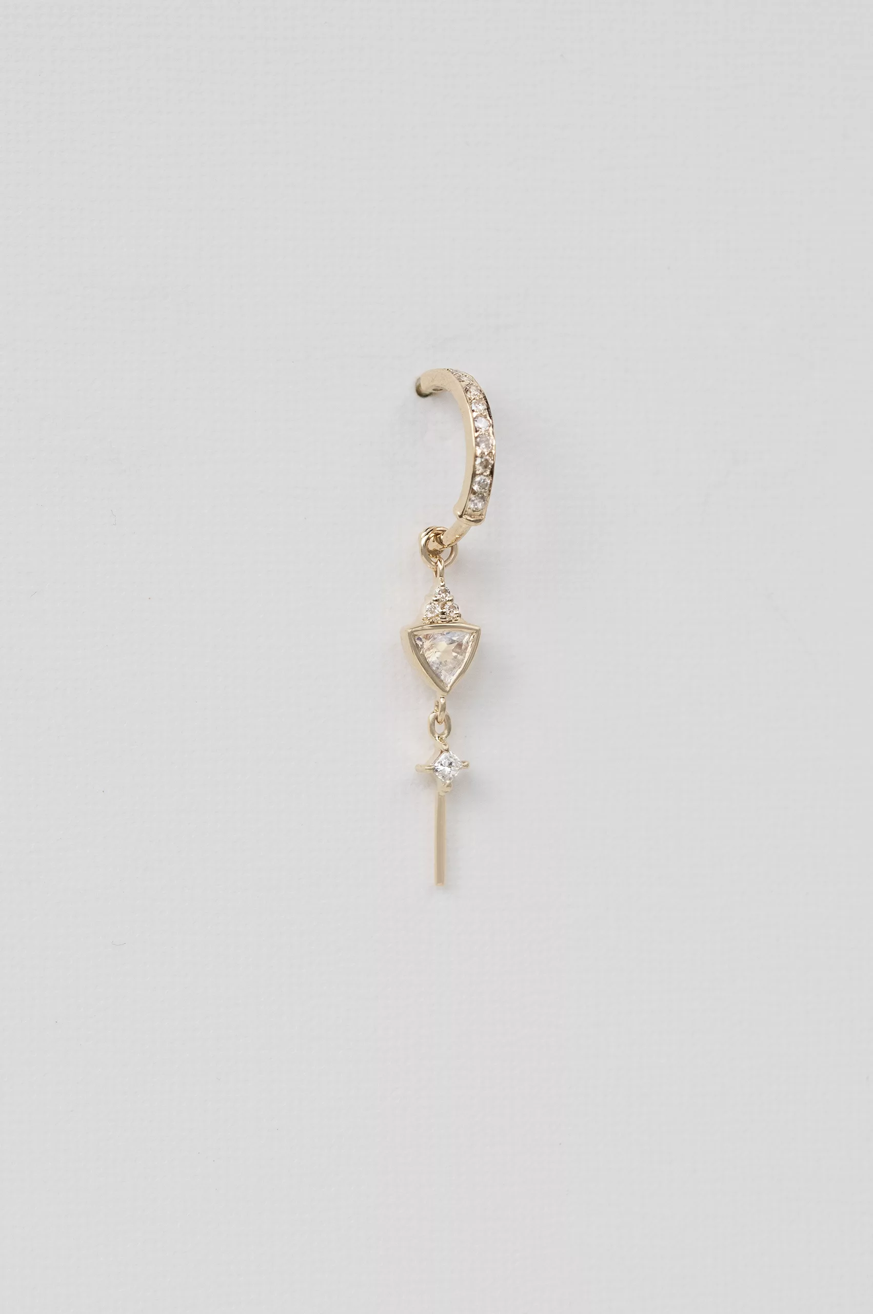 Yellow gold single hoop earring triangle diamond drop moonstone chain Celine Daoust