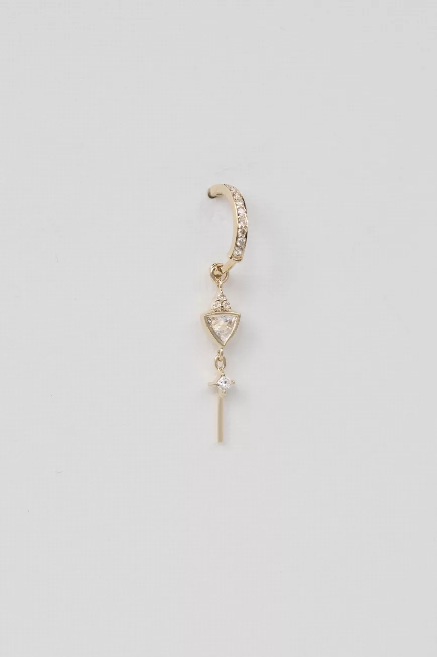 Yellow gold single hoop earring triangle diamond drop moonstone chain Celine Daoust