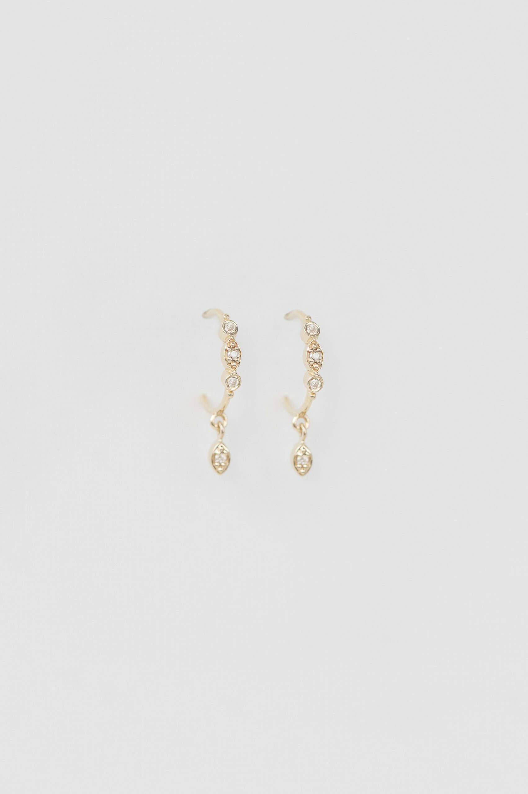 Yellow gold hoop earrings diamond chain dangling pear diamond drops pair Celine Daoust