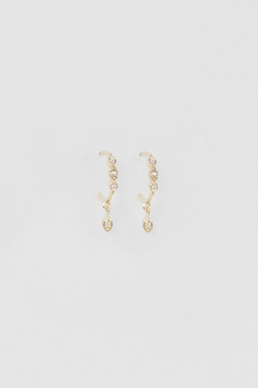 Yellow gold hoop earrings diamond chain dangling pear diamond drops pair Celine Daoust