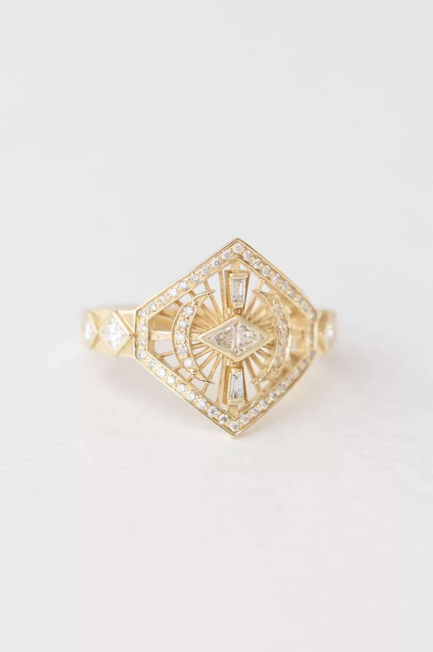 Yellow gold wide ring marquise diamond baguette diamond moon crescent geometric frame Celine Daoust