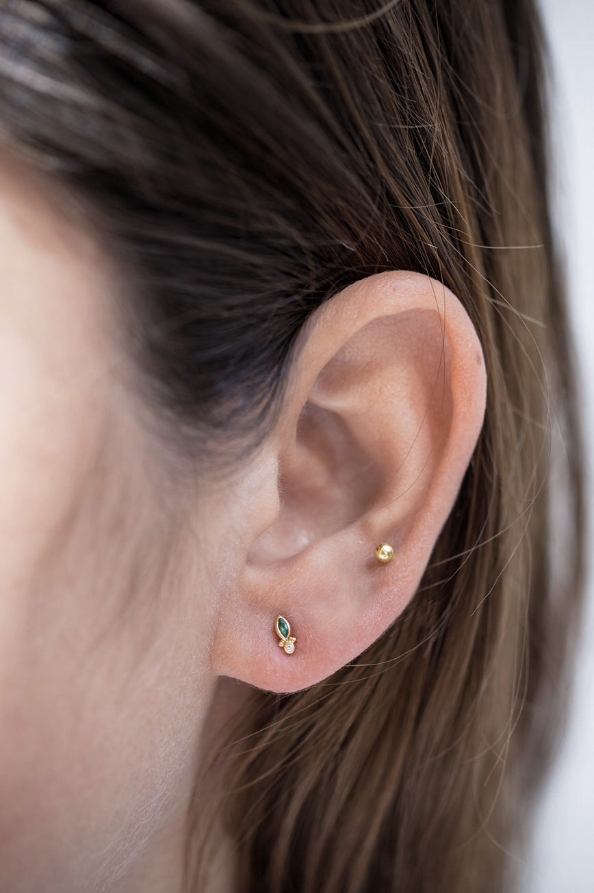 Yellow gold single stud earring marquise emerald diamond accent Celine Daoust