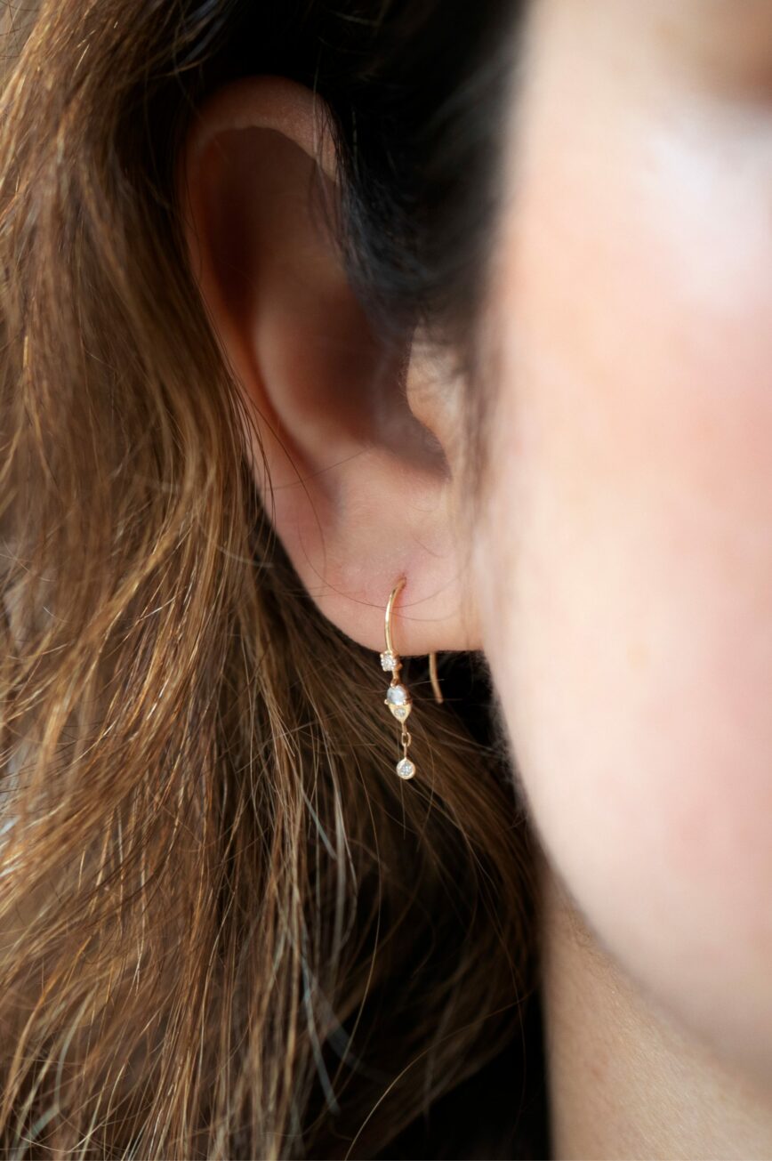 Yellow gold wire drop earrings moonstone diamond drops pair Celine Daoust