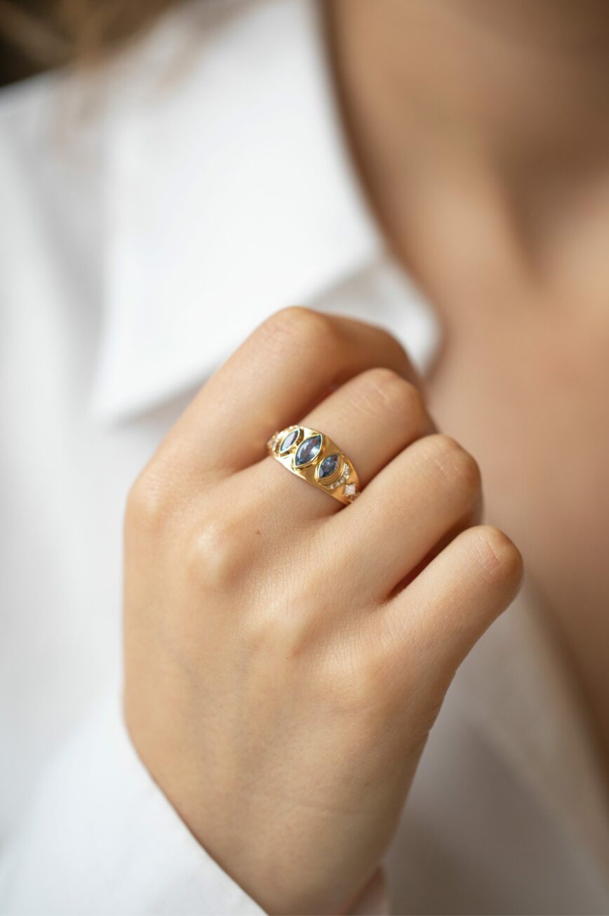 Yellow gold signet ring three marquise aquamarine diamond accent sides Celine Daoust