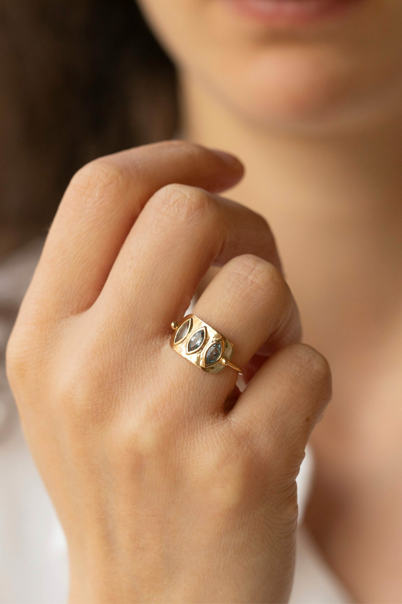 Yellow gold wide band ring three marquise aquamarine bezel set plate Celine Daoust