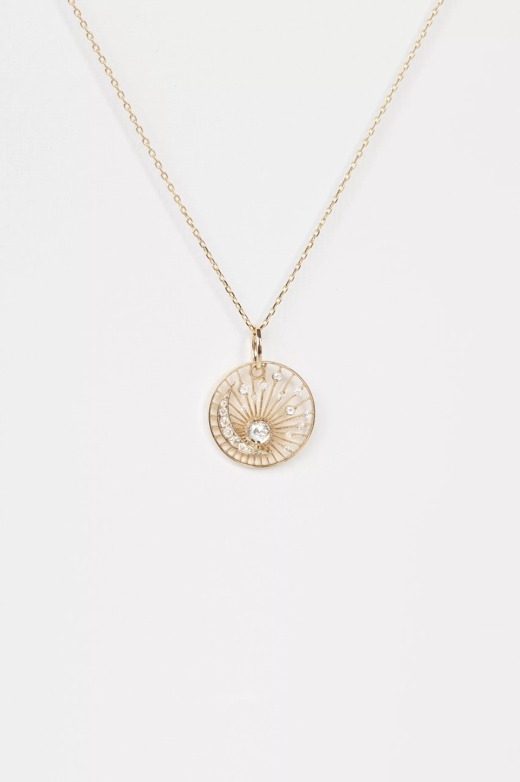 Gold necklace round open sun pendant rosecut champagne diamond moon motif Celine Daoust