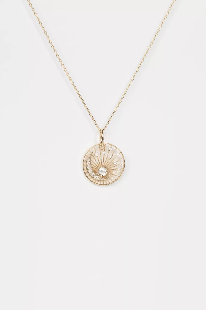 Gold necklace round open sun pendant rosecut champagne diamond moon motif Celine Daoust