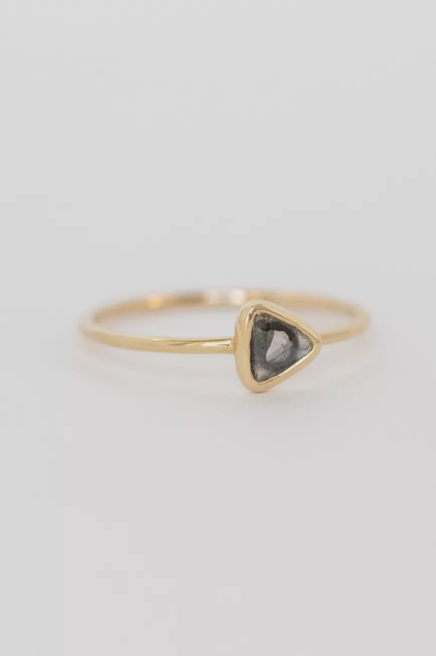 Yellow gold ring triangle-cut grey diamond bezel slim band Celine Daoust