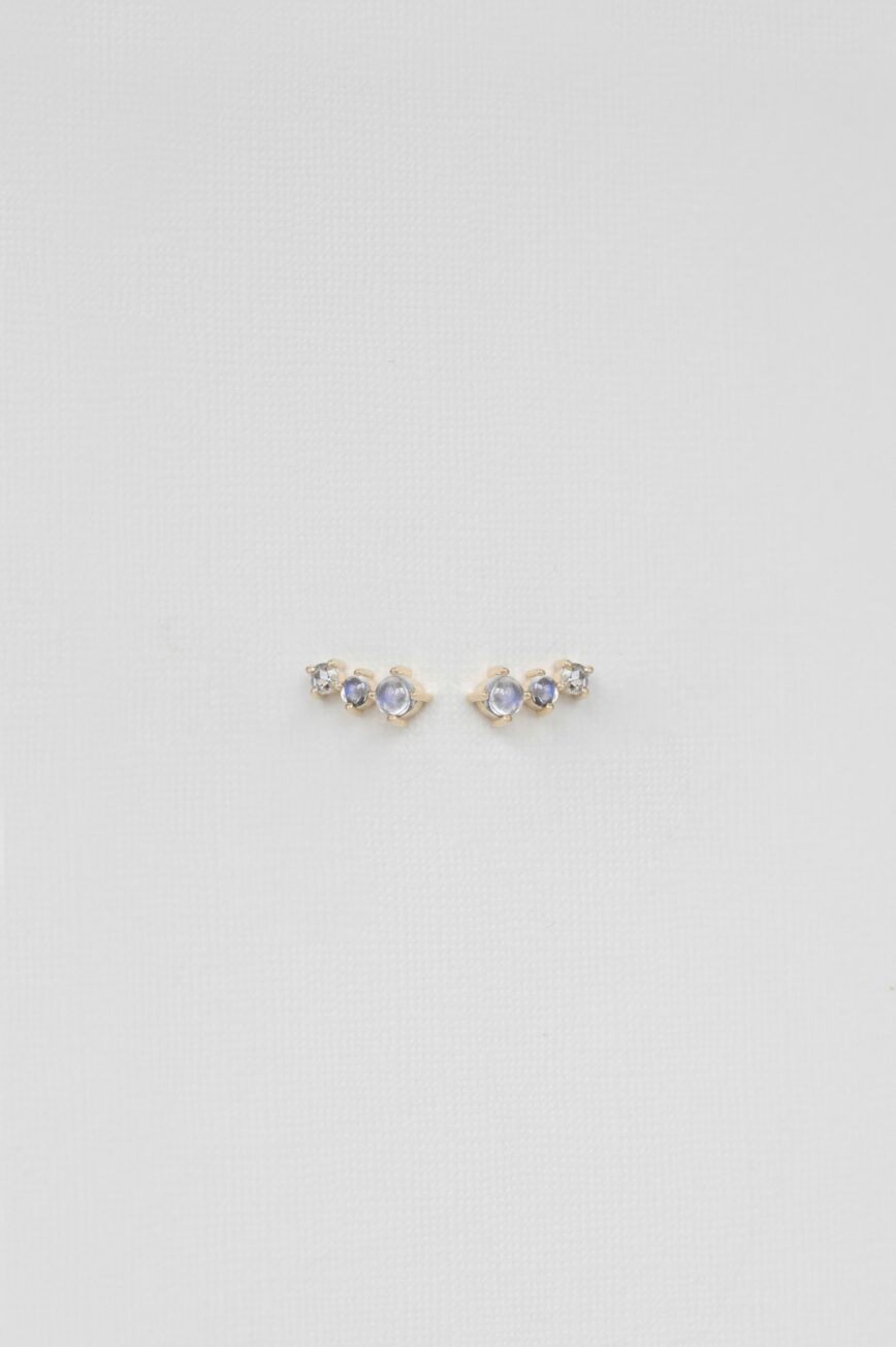 Gold stud earrings two oval moonstones one diamond trio Céline Daoust