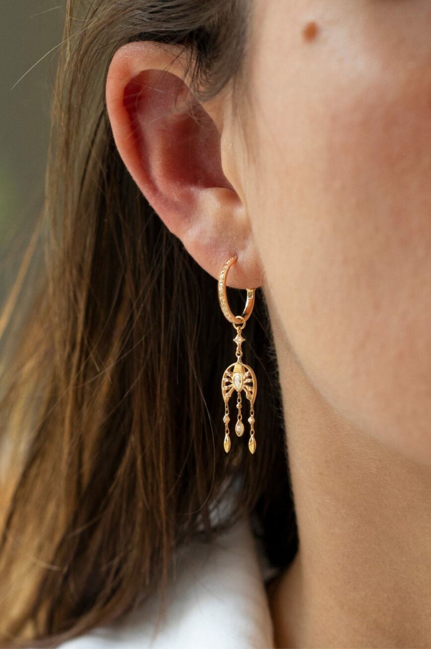 Yellow gold single open hoop earring pear marquise diamond moon dangling drops Celine Daoust