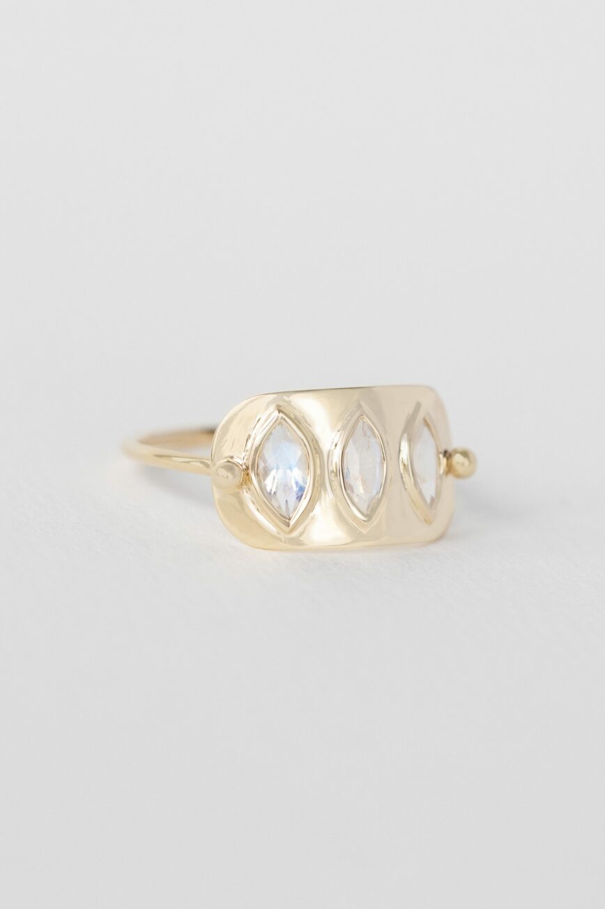 Solid gold wide band ring three marquise moonstones bezel set Céline Daoust