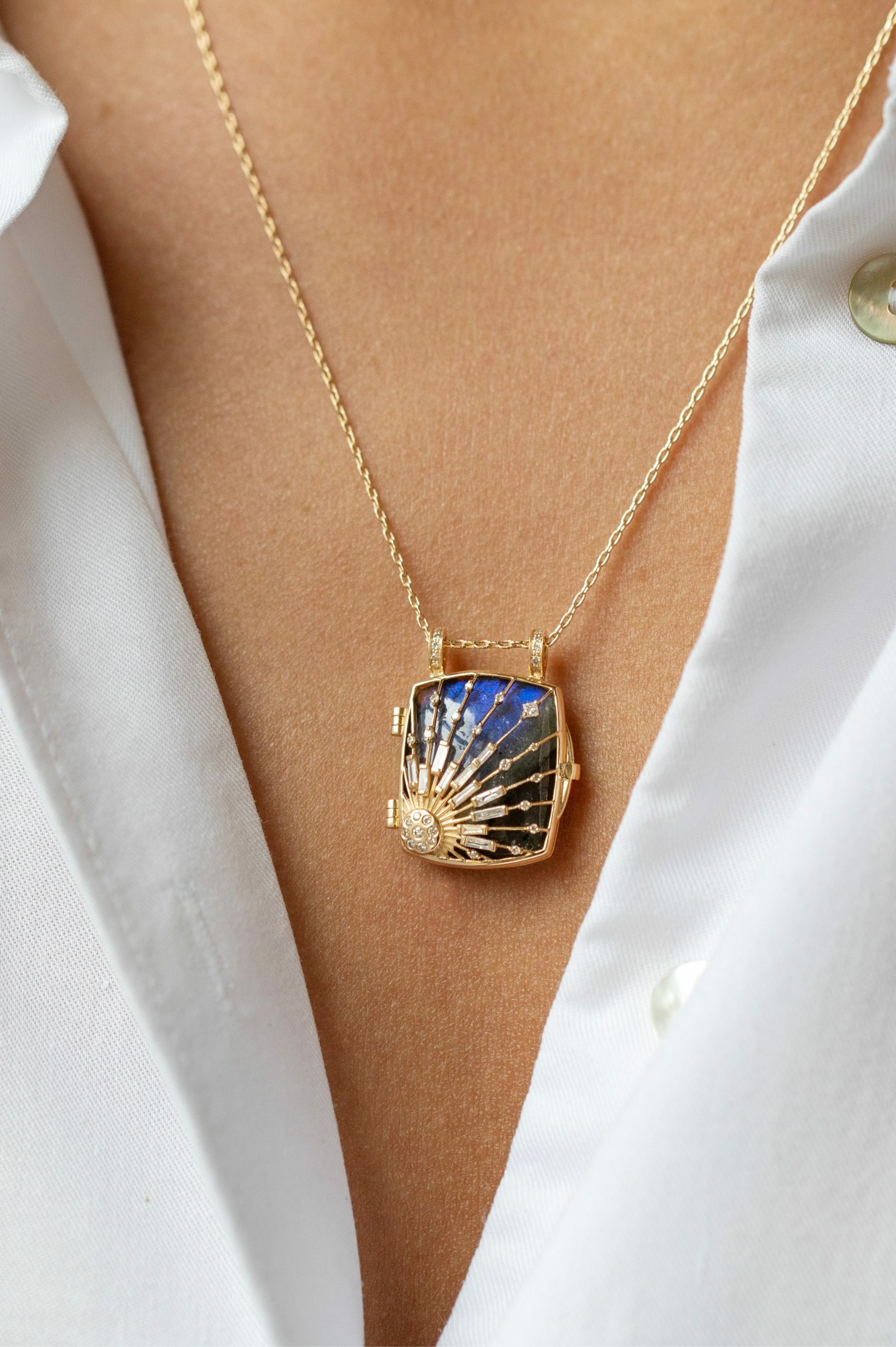 Yellow gold necklace rectangular labradorite locket pendant diamond sun motif Celine Daoust