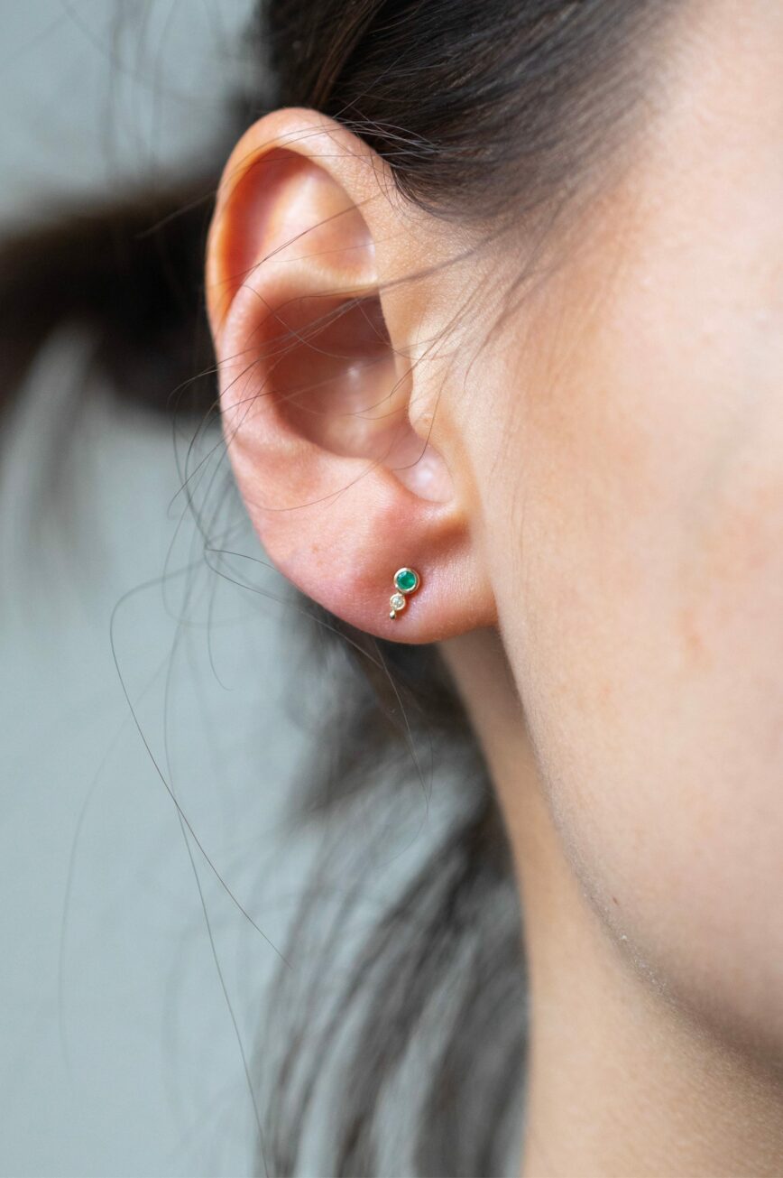 Yellow gold stud earrings round emerald diamond accent pair Celine Daoust