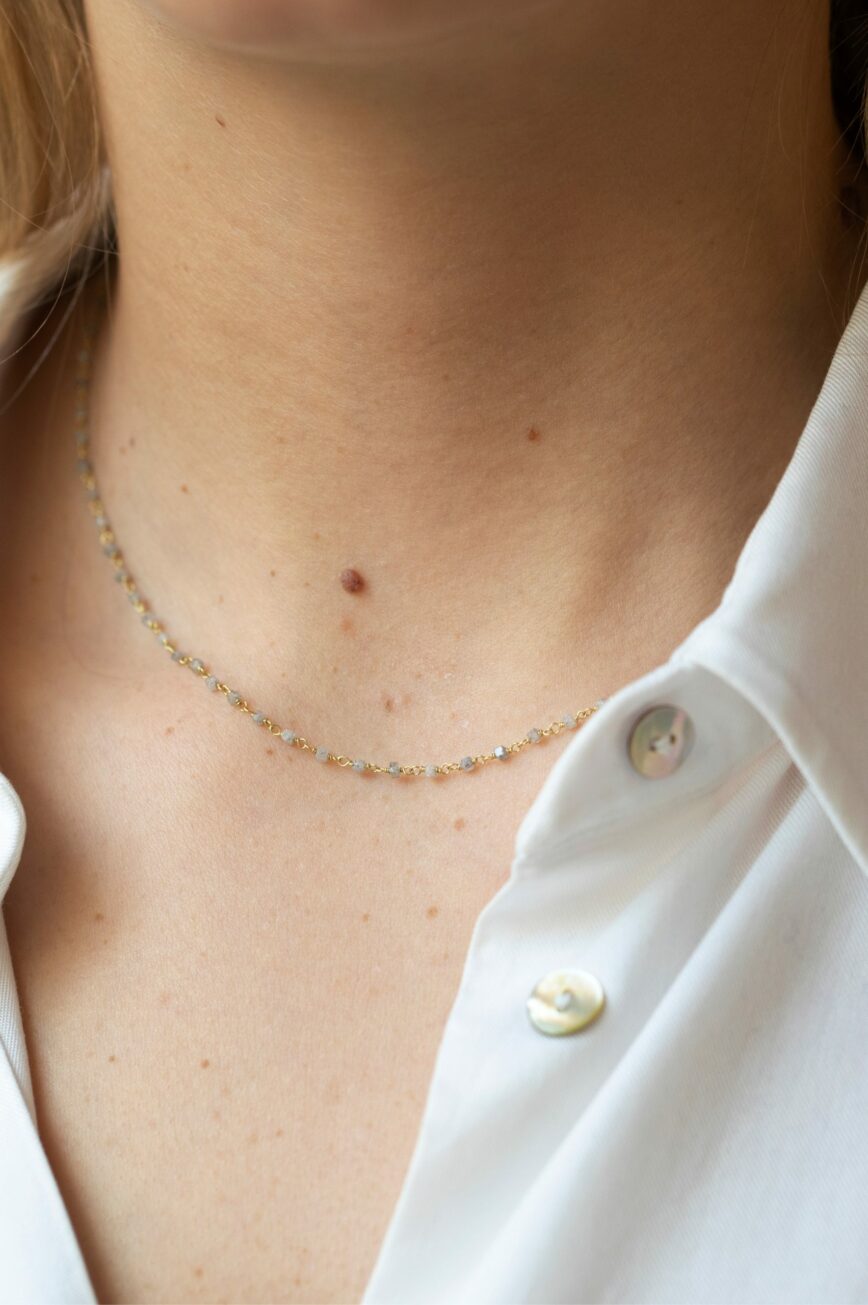 Yellow gold necklace small grey diamond square bead stations worn on neck Celine Daoust