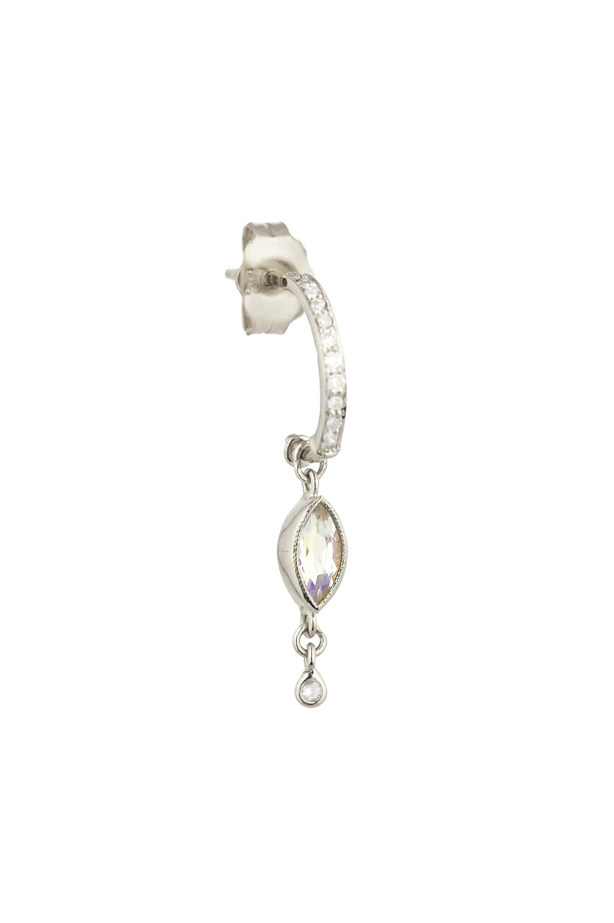 white gold single hoop earring with a pavé diamond hoop from which a marquise moonstone and three diamond drops are suspended