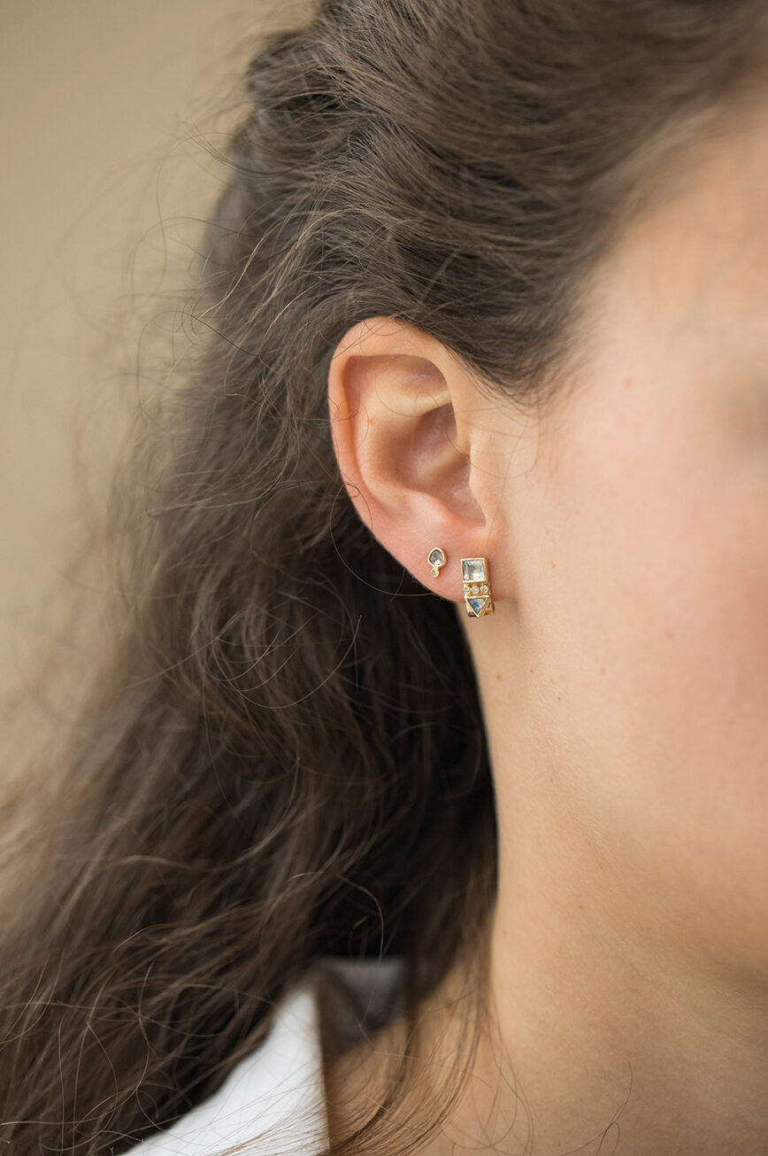 Yellow gold single hook earring pear moonstone diamond ball drop Celine Daoust