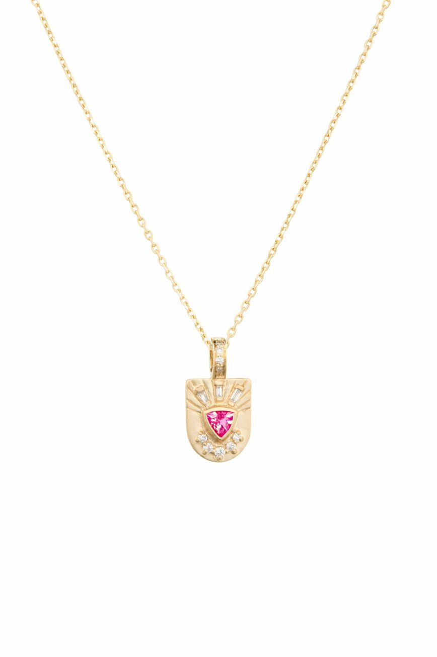 Yellow gold necklace engraved shield pendant pink spinel heart diamond motif Celine Daoust