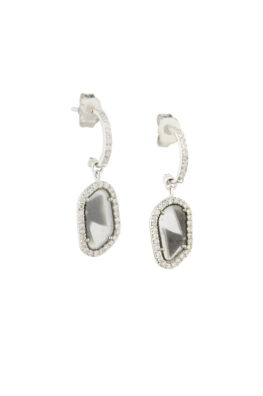 white gold hoop earrings pavé-set with diamonds along the front, each suspending a bezel-set grey diamond in a faceted organic shape surrounded by a diamond halo