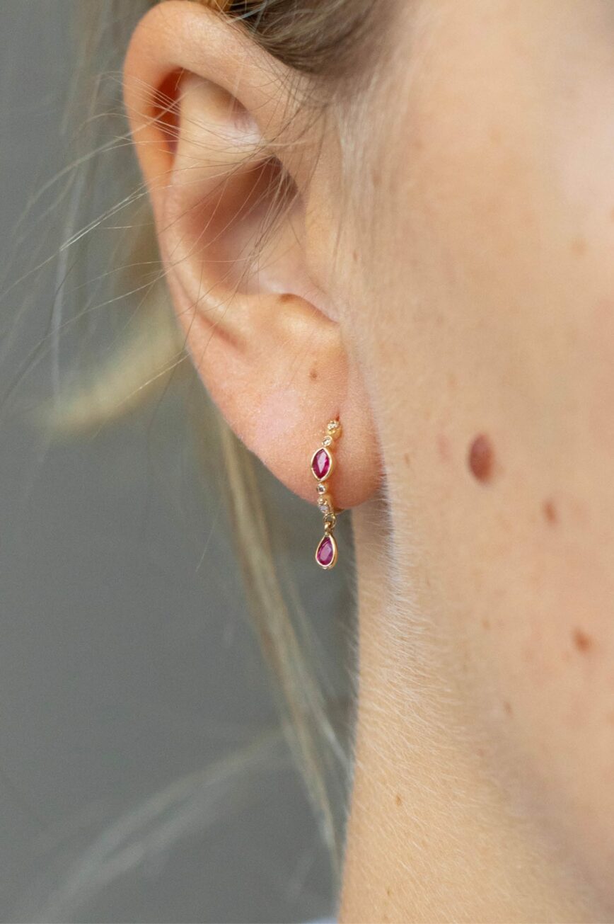 Yellow gold hoop earrings pear ruby diamond drops pair Celine Daoust