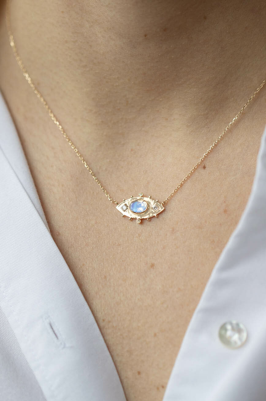 Yellow gold necklace oval moonstone open eye diamond pendant chain Celine Daoust