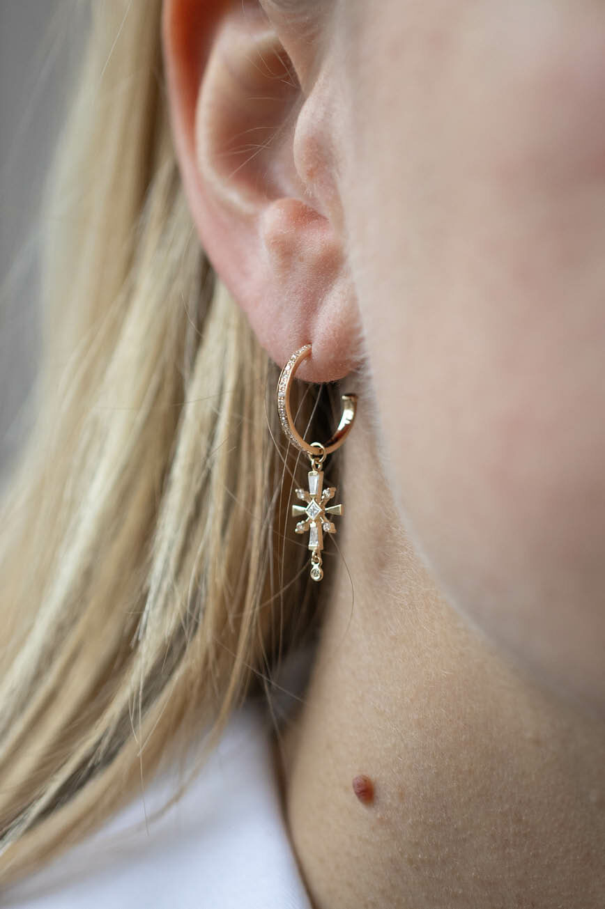 Yellow gold single hoop earring marquise triangle diamond cross charm drop worn on ear Celine Daoust