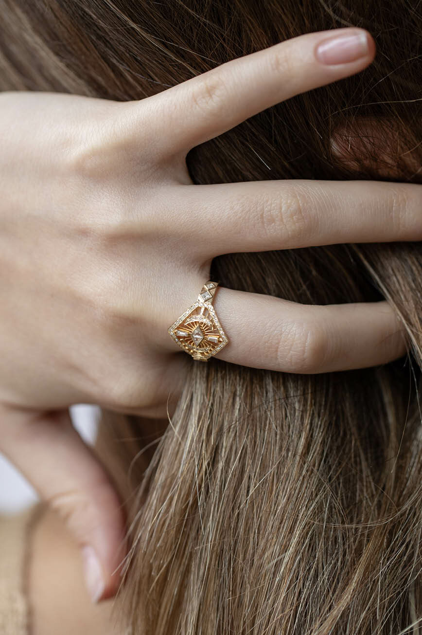 Yellow gold wide ring marquise diamond baguette diamond moon crescent geometric frame Celine Daoust