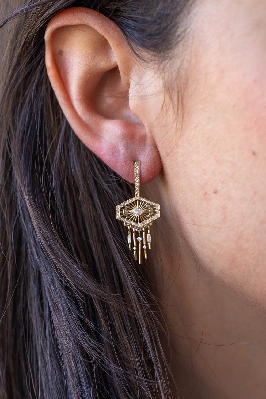 Yellow gold long drop earrings octagonal diamond frame moon crescent dangling drops pair Celine Daoust
