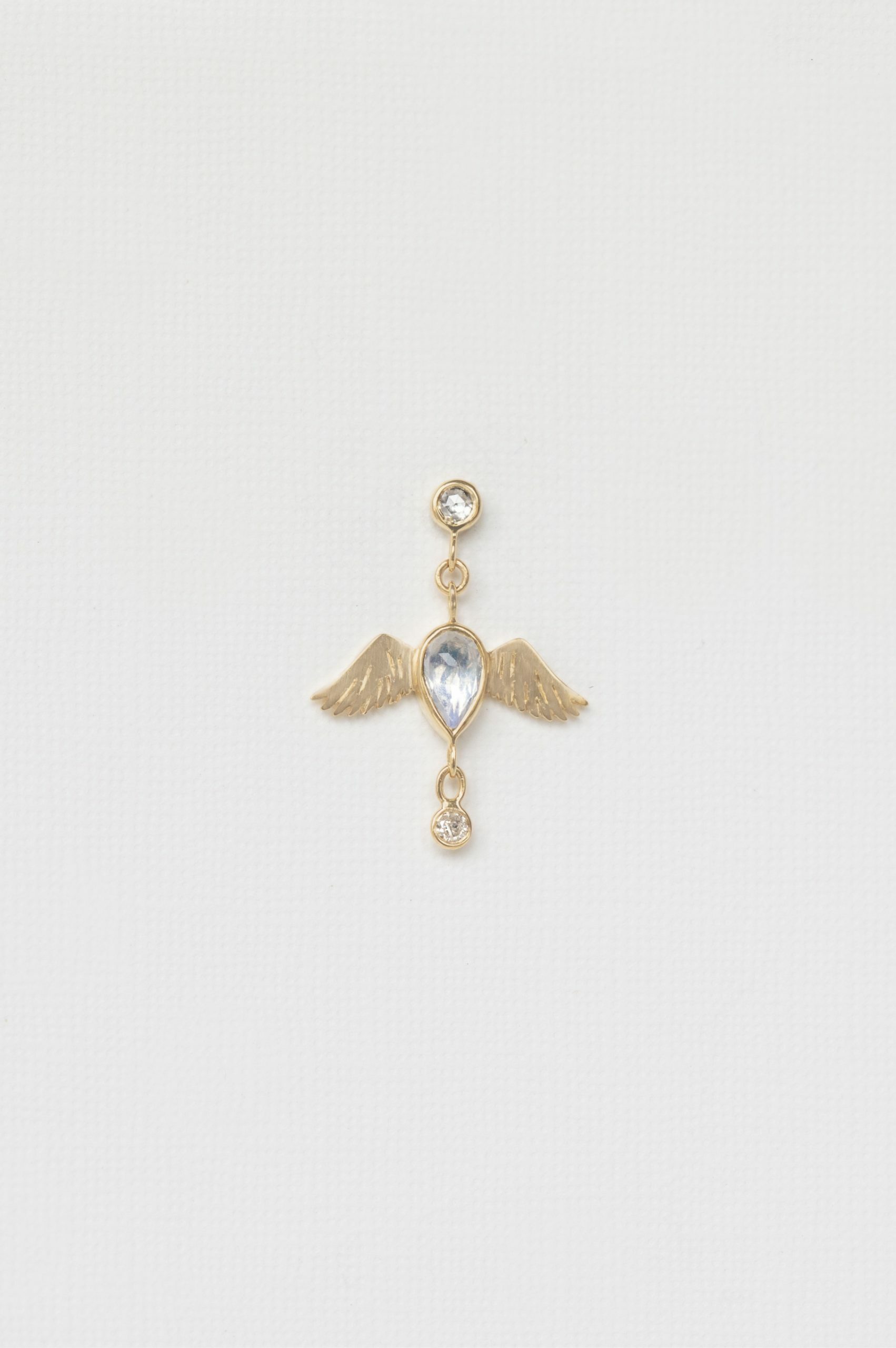 Gold single earring pear moonstone bird motif diamond drops Céline Daoust