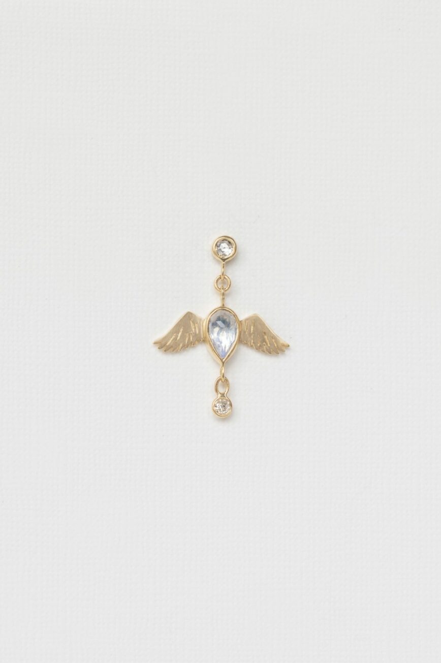 Gold single earring pear moonstone bird motif diamond drops Céline Daoust