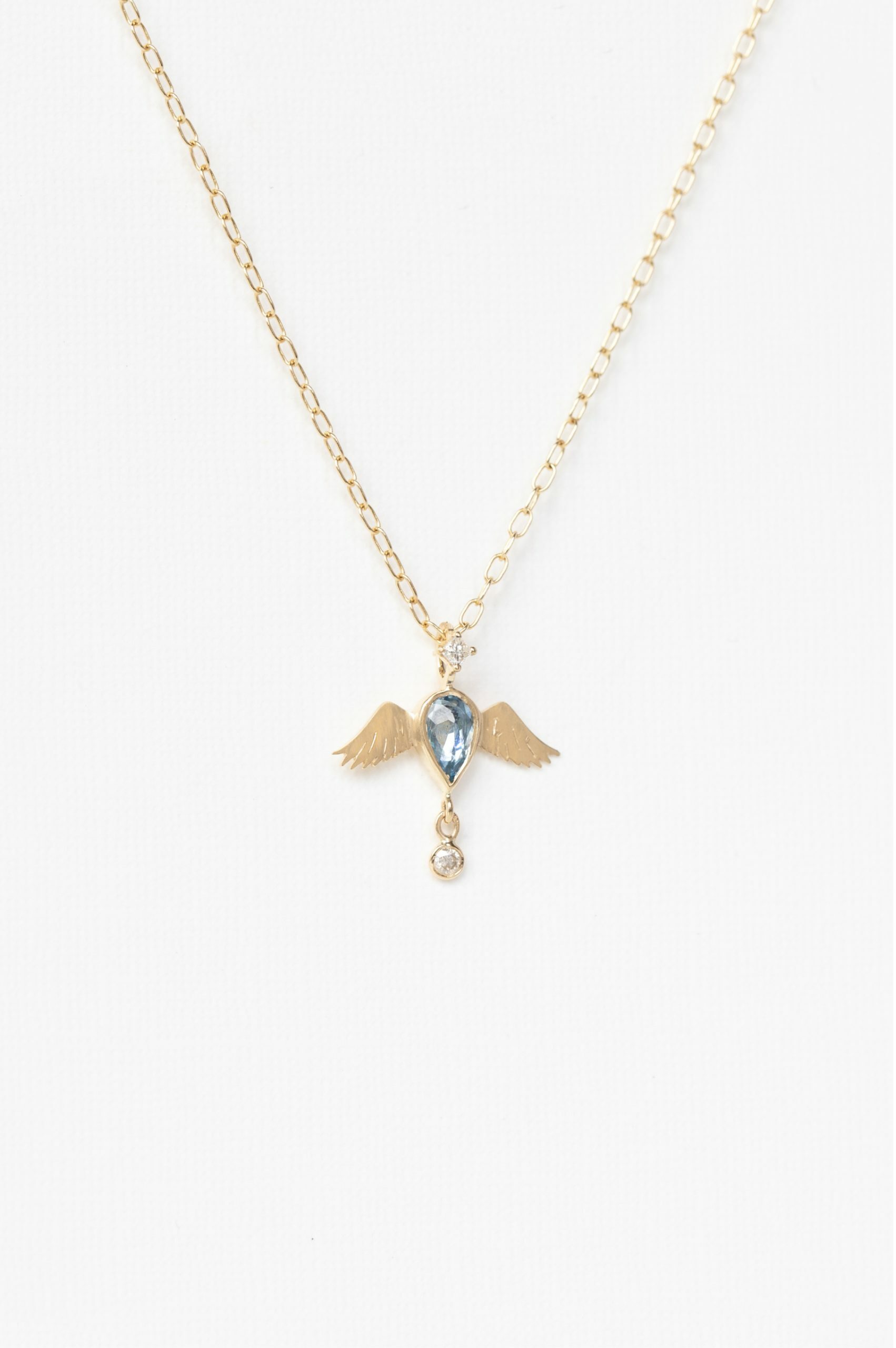 Yellow gold necklace pear aquamarine angel wings diamond pendant chain Celine Daoust