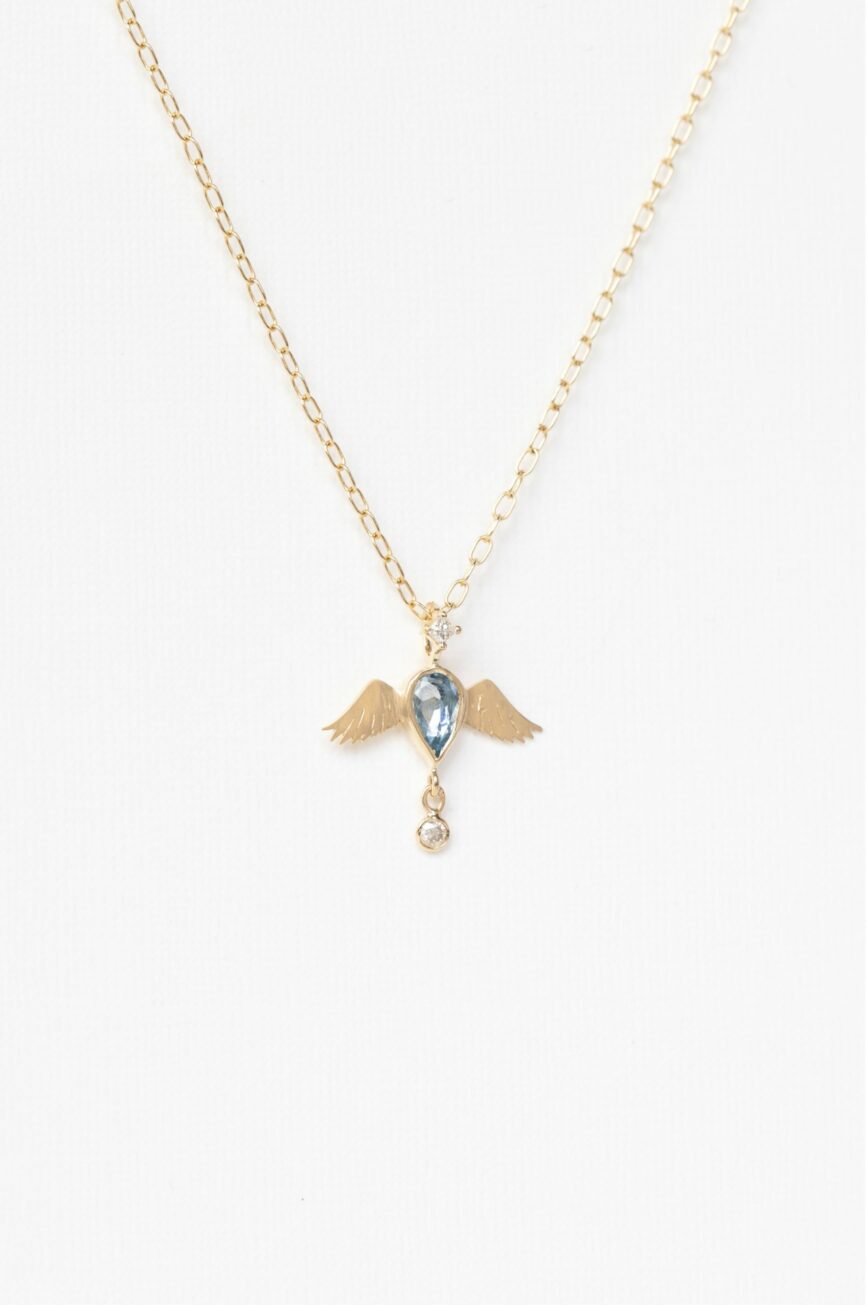 Yellow gold necklace pear aquamarine angel wings diamond pendant chain Celine Daoust
