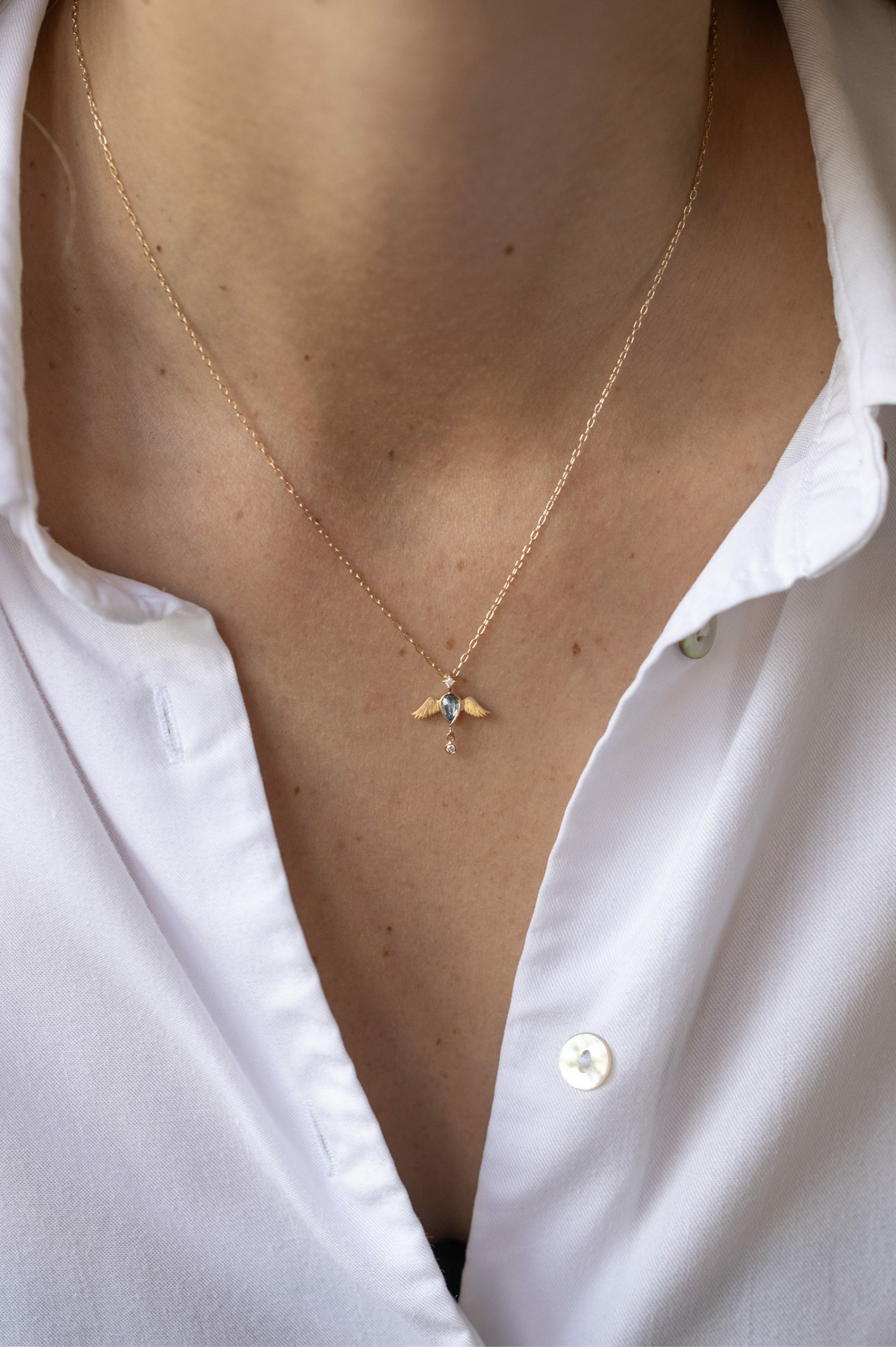 Yellow gold necklace pear aquamarine angel wings diamond pendant chain Celine Daoust