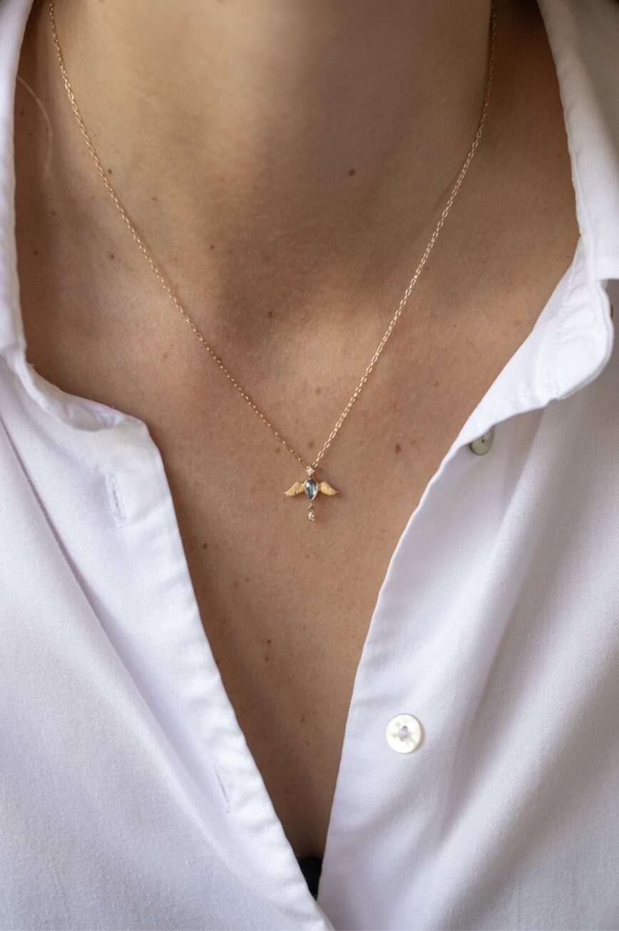 Yellow gold necklace pear aquamarine angel wings diamond pendant chain Celine Daoust