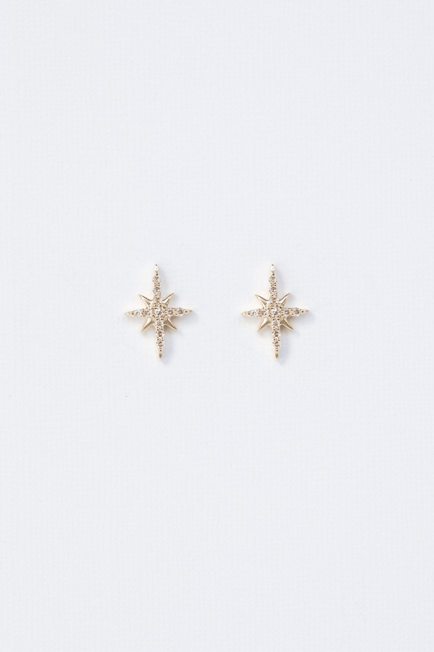 Yellow gold stud earrings eight-pointed north star diamond pavé Céline Daoust